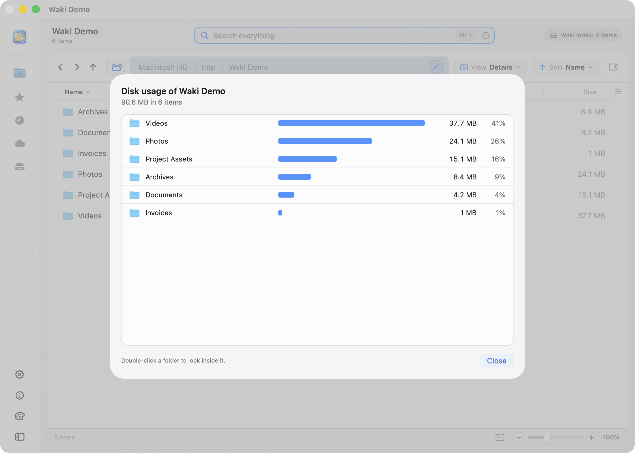 Waki Explorer · Disk Usage, largest items first